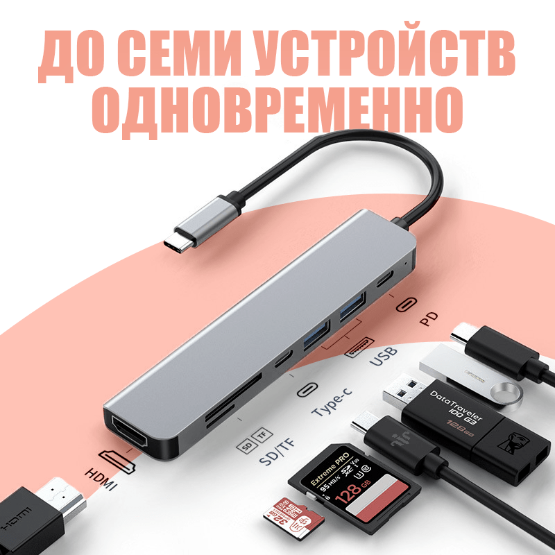 Купить USB HUB Type C 7в1 с 4K HDMI, SD-картой