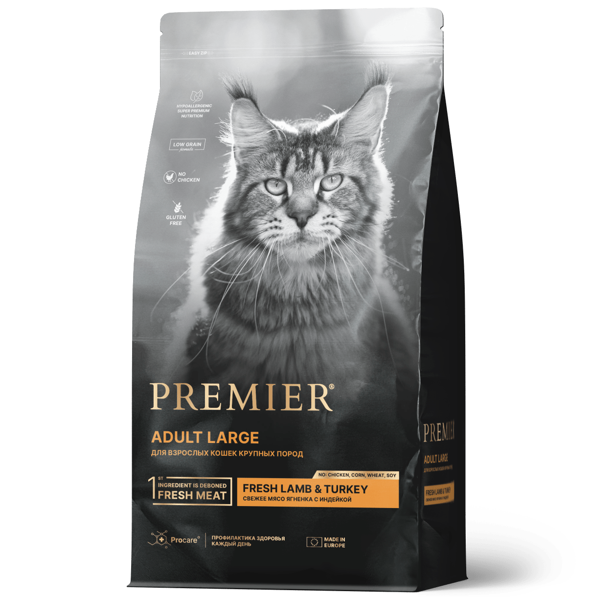 Купить Premier ADULT LARGE сухой корм для взрослых крупных кошек, свежее мясо ягненка с индейкой 400гр