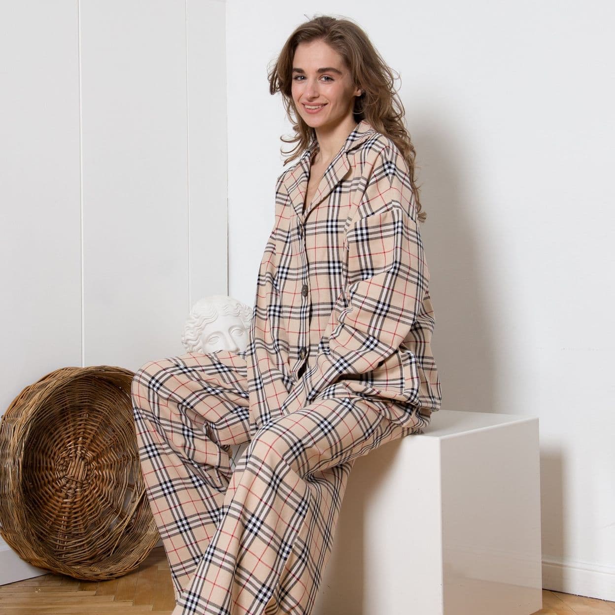 Купить Пижама теплая из хлопка фуле в клетку Бёрбери, onesize, унисекс
