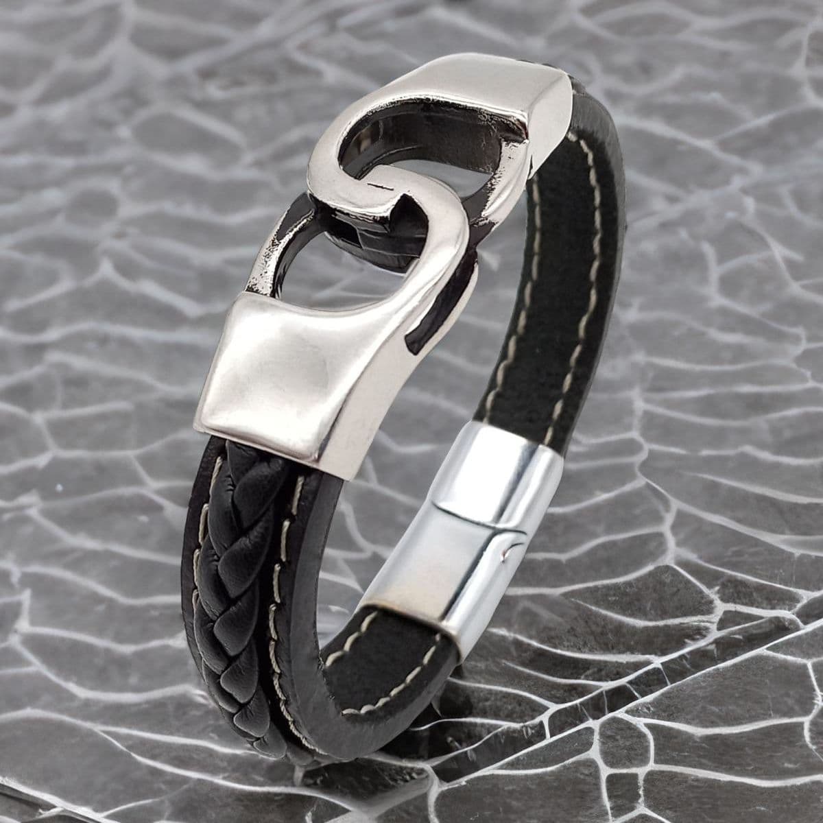 Купить Браслет мужской кожаный, ювелирная сталь (арт. DMBR015)