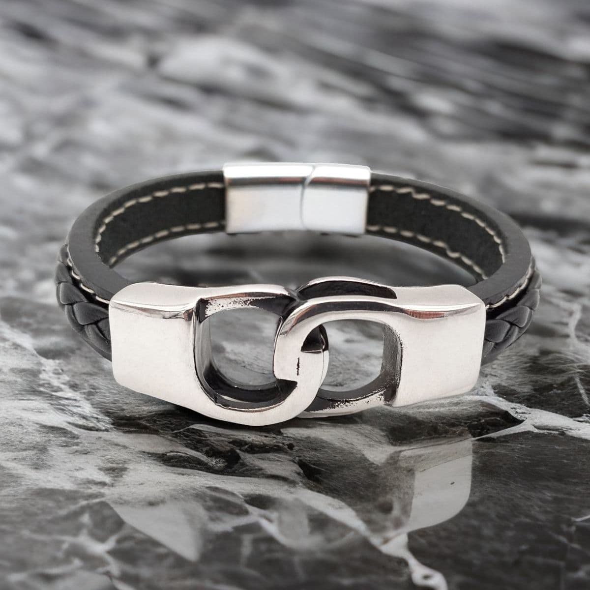 Купить Браслет мужской кожаный, ювелирная сталь (арт. DMBR015)