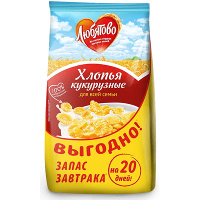 Купить ХЛОПЬЯ КУКУРУЗНЫЕ ЛЮБЯТОВО 600 Г. с доставкой на дом . Доставка продуктов Тюмень , доставка продуктов в Тюмени , dostavka-produktov-tyumen , do