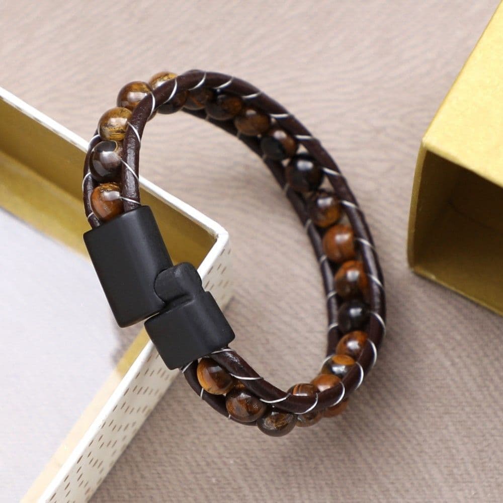 Купить Тигровый глаз, кожа, сталь. Браслет мужской / женский кожаный из натуральных камней Тигровый глаз (арт. DMBR002)