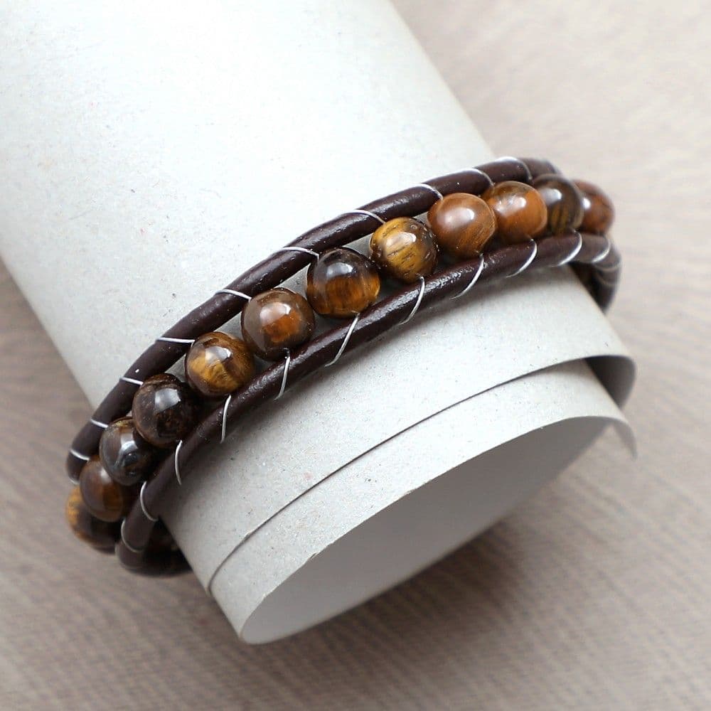 Купить Тигровый глаз, кожа, сталь. Браслет мужской / женский кожаный из натуральных камней Тигровый глаз (арт. DMBR002)