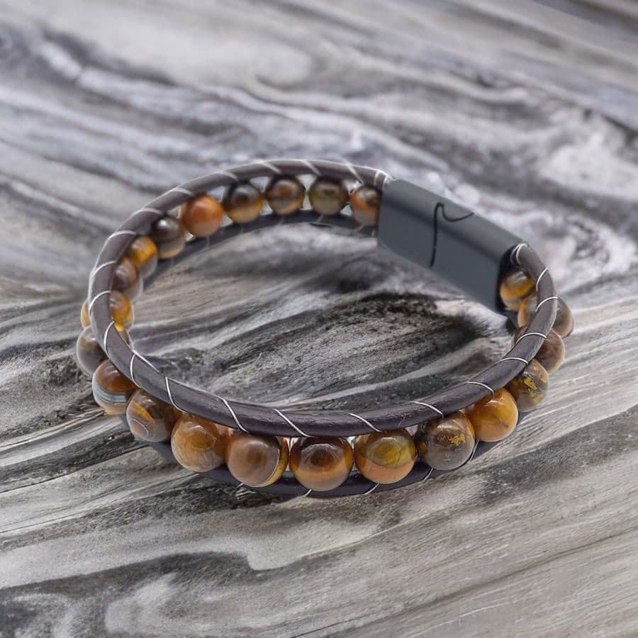 Купить Тигровый глаз, кожа, сталь. Браслет мужской / женский кожаный из натуральных камней Тигровый глаз (арт. DMBR002)