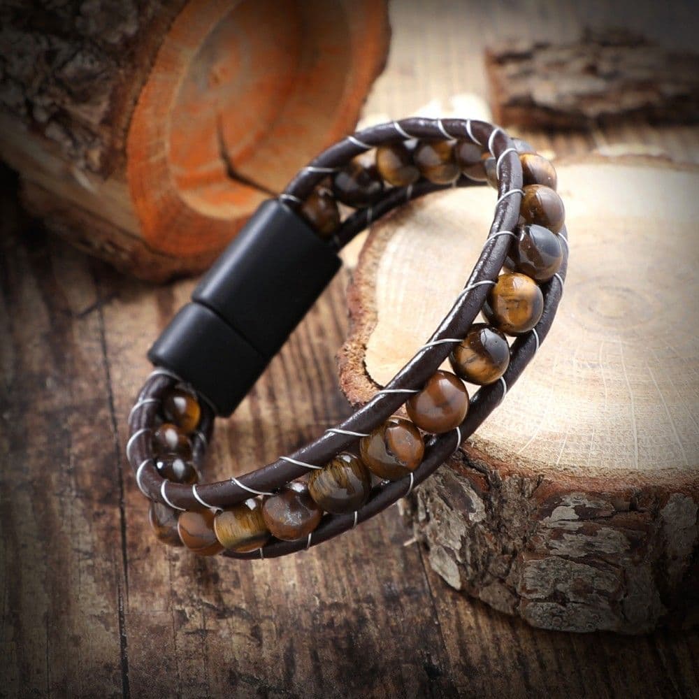 Купить Тигровый глаз, кожа, сталь. Браслет мужской / женский кожаный из натуральных камней Тигровый глаз (арт. DMBR002)