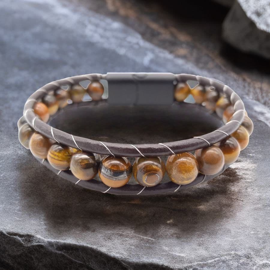 Купить Тигровый глаз, кожа, сталь. Браслет мужской / женский кожаный из натуральных камней Тигровый глаз (арт. DMBR002)