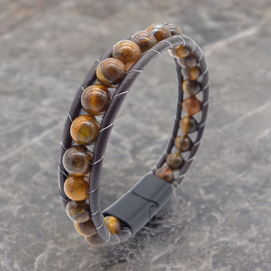 Купить Тигровый глаз, кожа, сталь. Браслет мужской / женский кожаный из натуральных камней Тигровый глаз (арт. DMBR002)