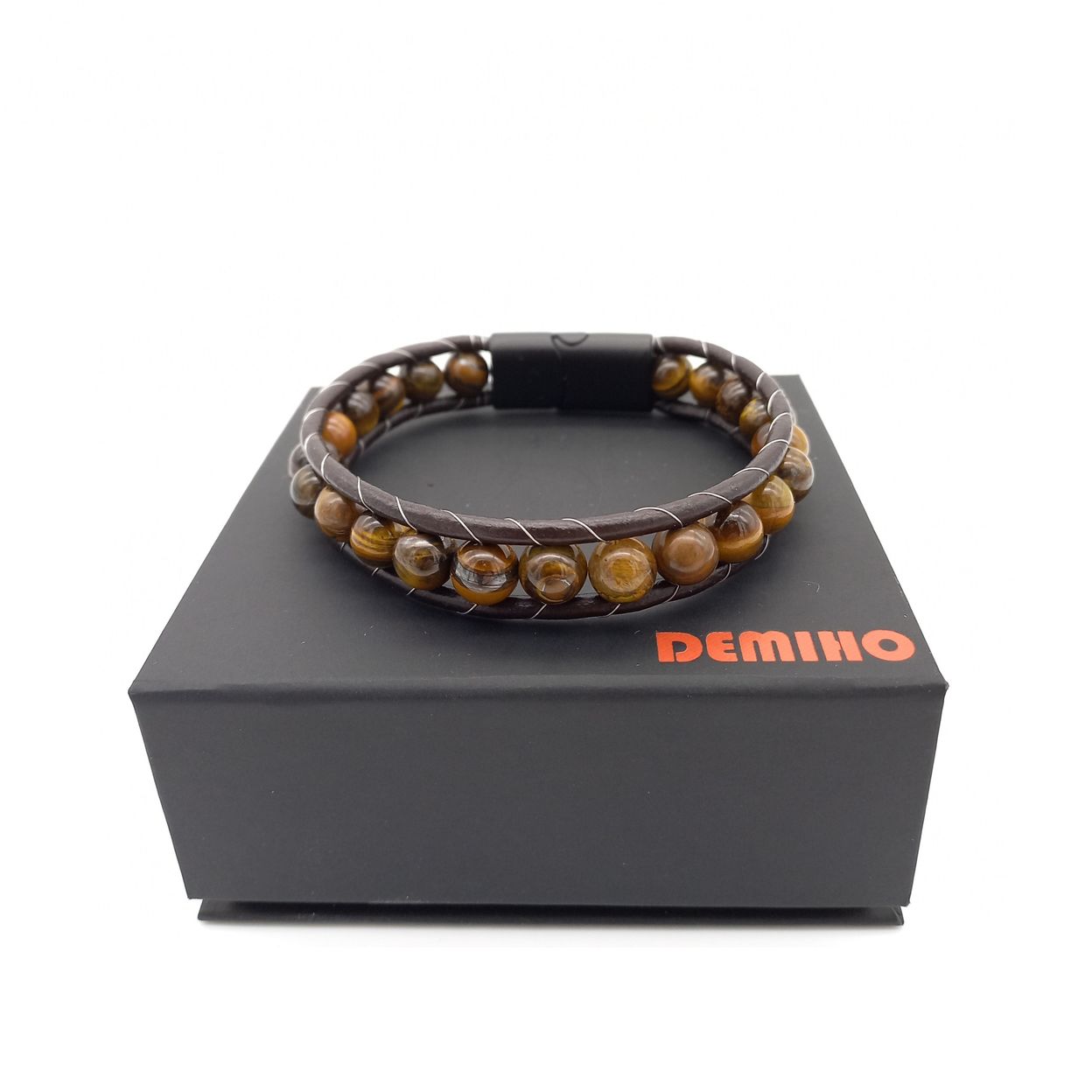 Купить Тигровый глаз, кожа, сталь. Браслет мужской / женский кожаный из натуральных камней Тигровый глаз (арт. DMBR002)