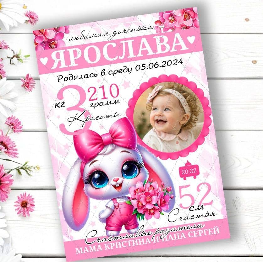Купить Метрика "Зайка с букетом" для девочки