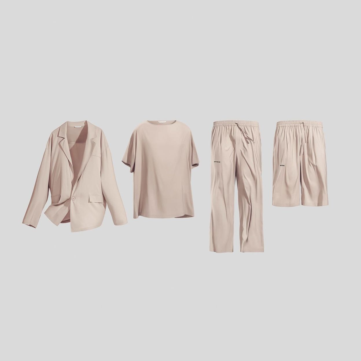 Купить Уникальный комплект Silk Touch, который состоит из пиджака oversize, футболки, штанов, шорт, маски для сна и платка.