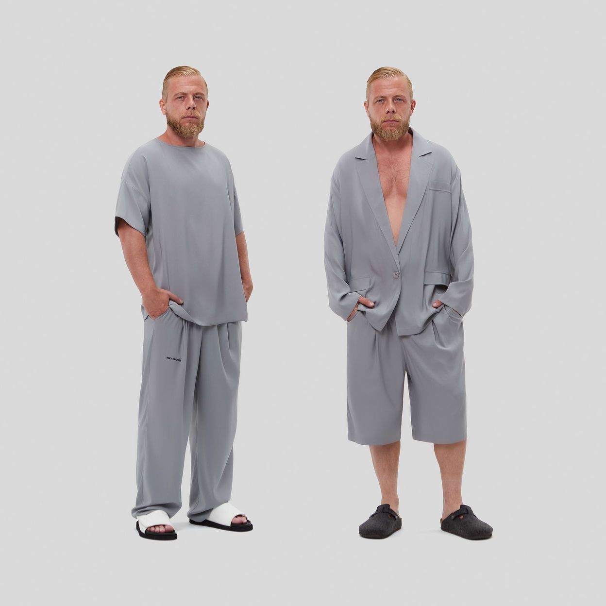 Купить Уникальный комплект Silk Touch, который состоит из пиджака oversize, футболки, штанов, шорт, маски для сна и платка.